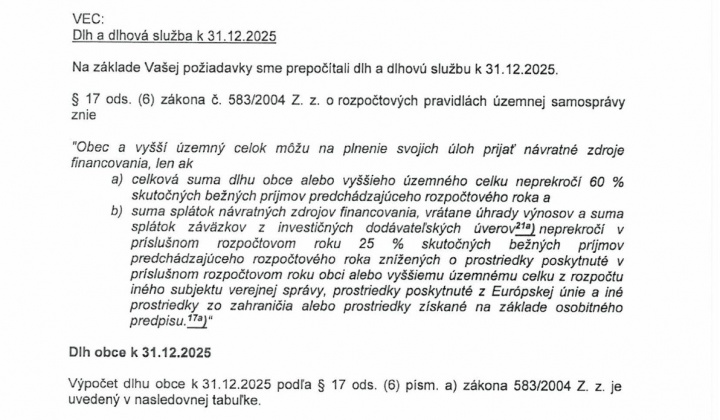 Fotka - Kompletný dokument z vypracovaného posúdenia od spoločnosti GemerAudit -výpočet dlhu obce k 31.12.2025.